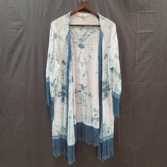 Staring at Stars Sweaters - Staring At Stars Womens Open Kimono Size M Blue White Tie-Dye Fringe 3/4 Sleeve
